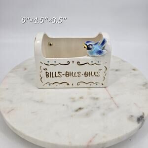 Vintage Enesco Kistchy Ceramic “BILLS-BILLS-BILLS” Wall Pocket with Bluebird